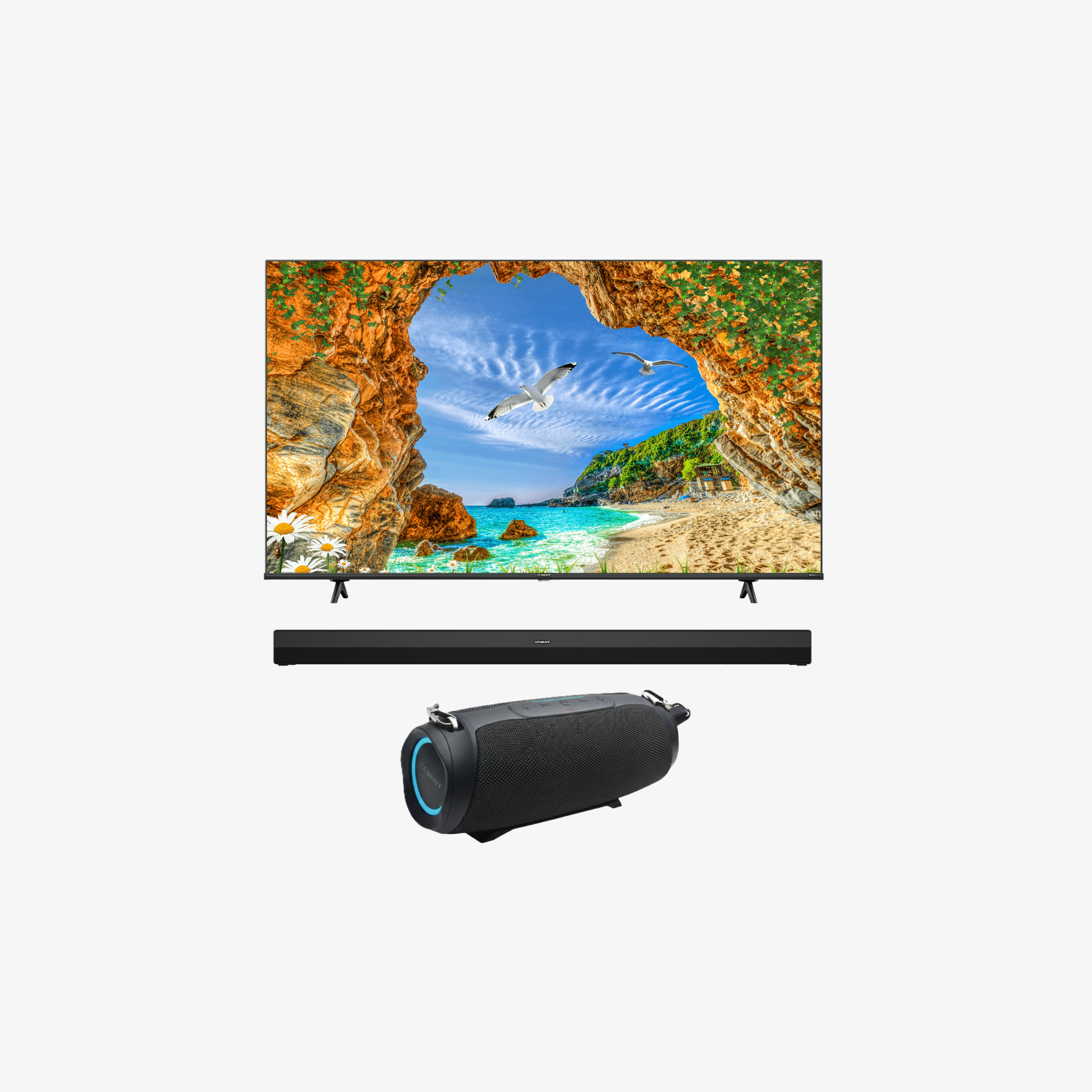 Bundle Promo: Devant TV UHD 65-Inch + Soundbar 2.0 + Portable Bluetooth Speaker (SONIQUE SURF)