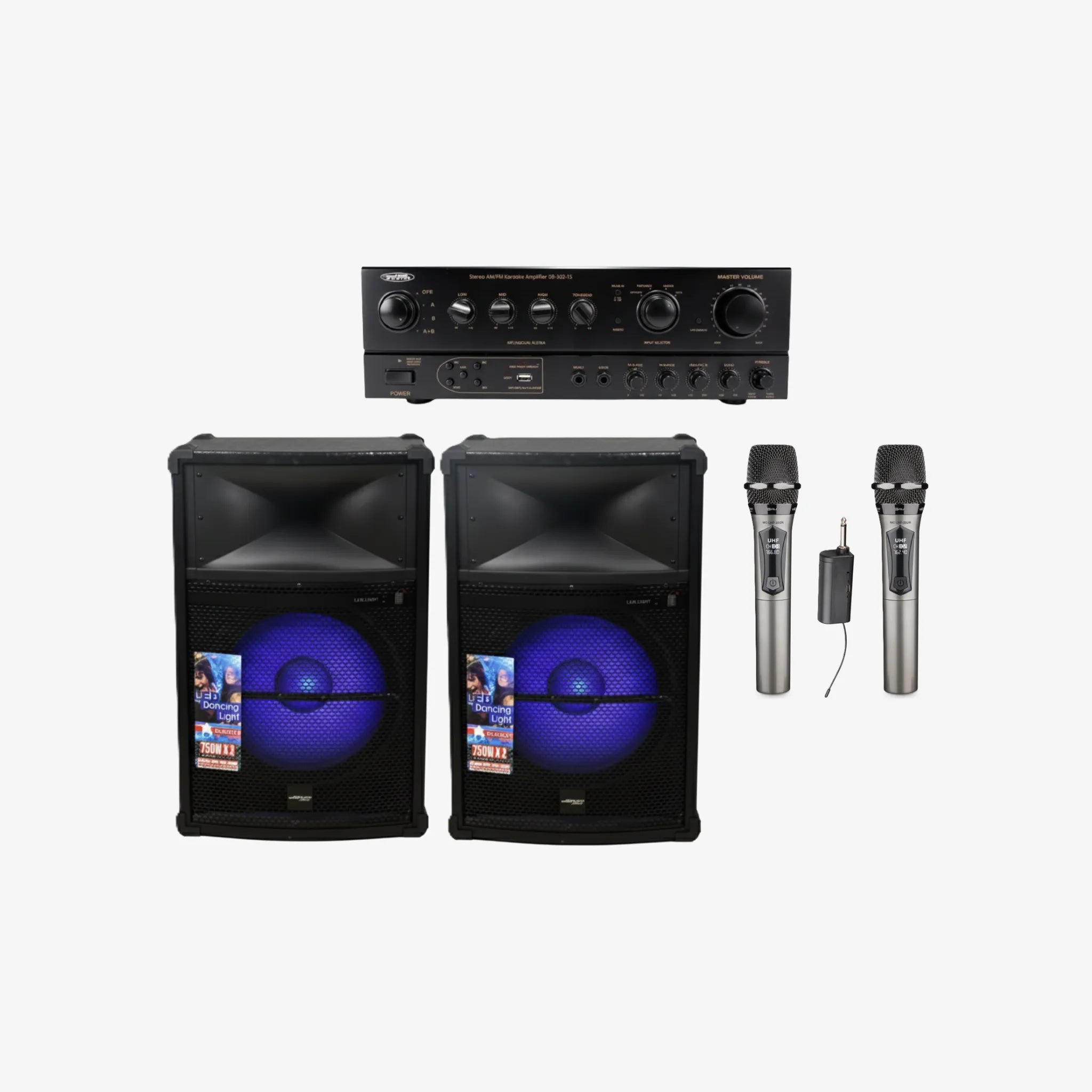 Bundle Promo: DB Audio Amplifier AM/FM, USB, BT, 1500W (DB-502-15-BT) + Speaker Premium 15-Inch 750W x2, LED (SUMO 15) + Rechargeable Wireless Mic (MC-UHF-202R)