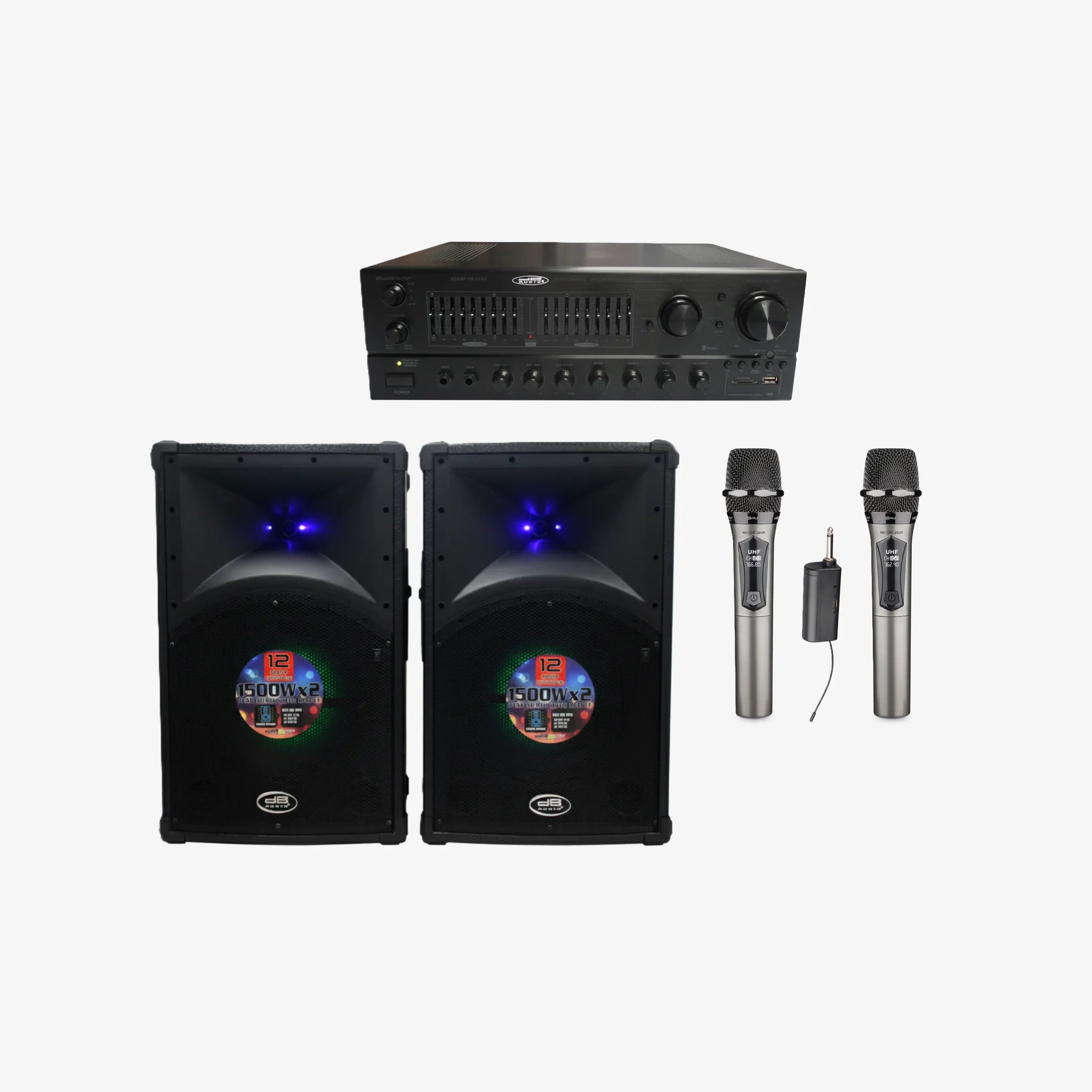 Bundle Promo: DB Audio Amplifier 1200W, USB, Equalizer, BT (EQ-AMP-506-12BT) + Speaker 12-Inch 1500W x2 LED Light (BLUE EDGE 1233) + Rechargeable Wireless Mic (MC-UHF-202R)
