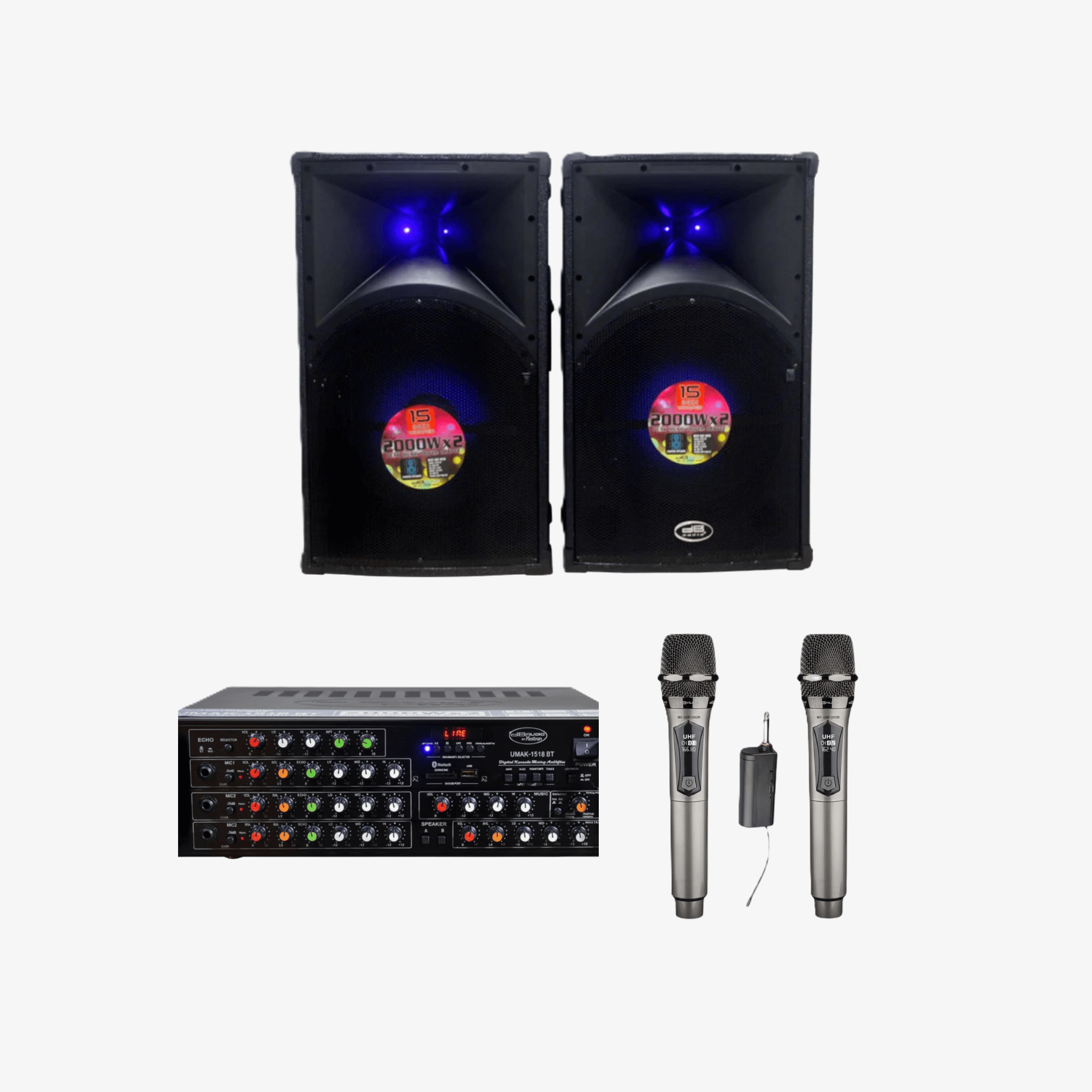 Bundle Promo : DB AUDIO AMPLIFIER BLUETOOTH            + SPEAKER 15-INCH  2000W X 2 LED LGHT + RECHARGEABLE WIRELESS MIC