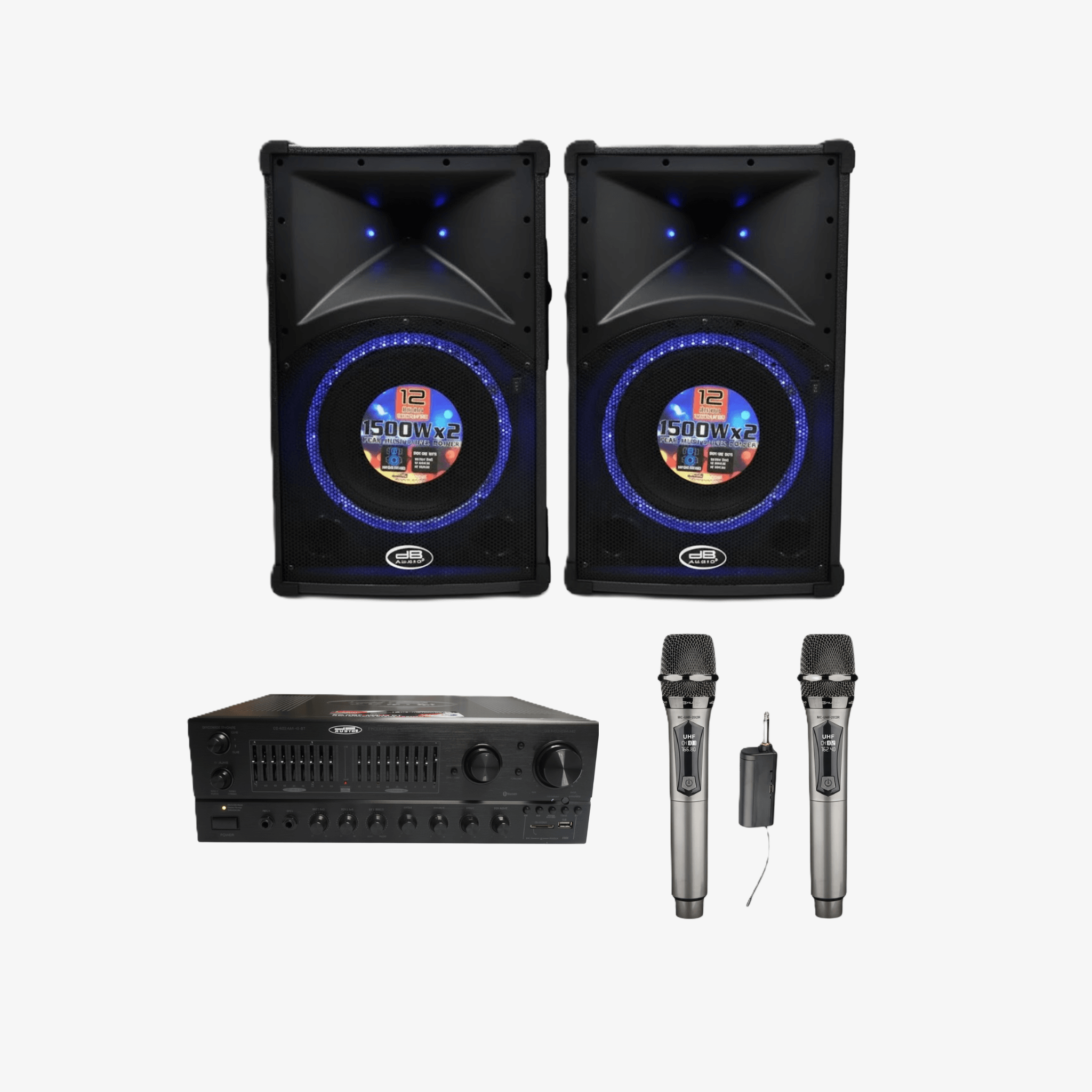 Bundle Promo : DB AUDIO AMPLIFIER 1200W,USB,EQLIZER,BT + SPEAKER 12-INCH  1500W X 2 LED LGHT + RECHARGEABLE WIRELESS MIC