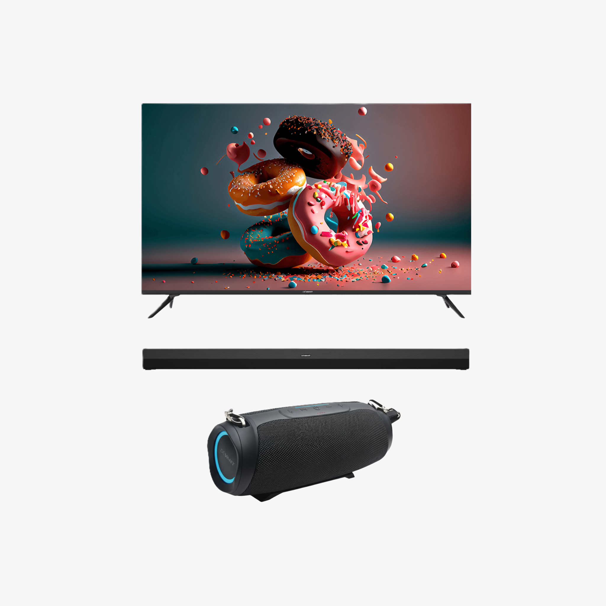 Bundle Promo : DEVANT TV QUANTUM UHD 65-INCH              + SOUNDBAR 2.0                   + PORTABLE BLUETOOTH SPEAKER