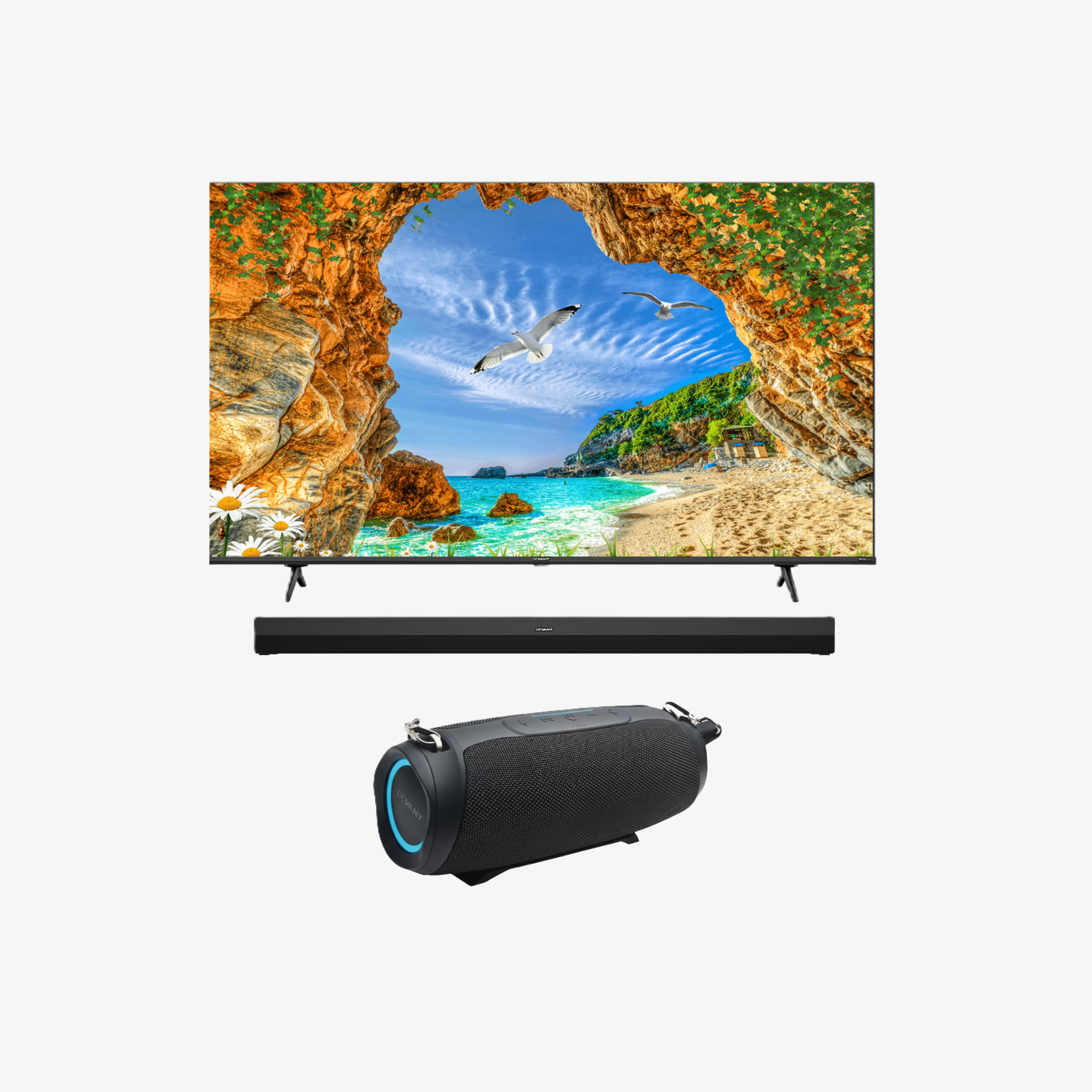 Bundle Promo : DEVANT TV UHD 65-INCH                      + SOUNDBAR 2.0                   + PORTABLE BLUETOOTH SPEAKER