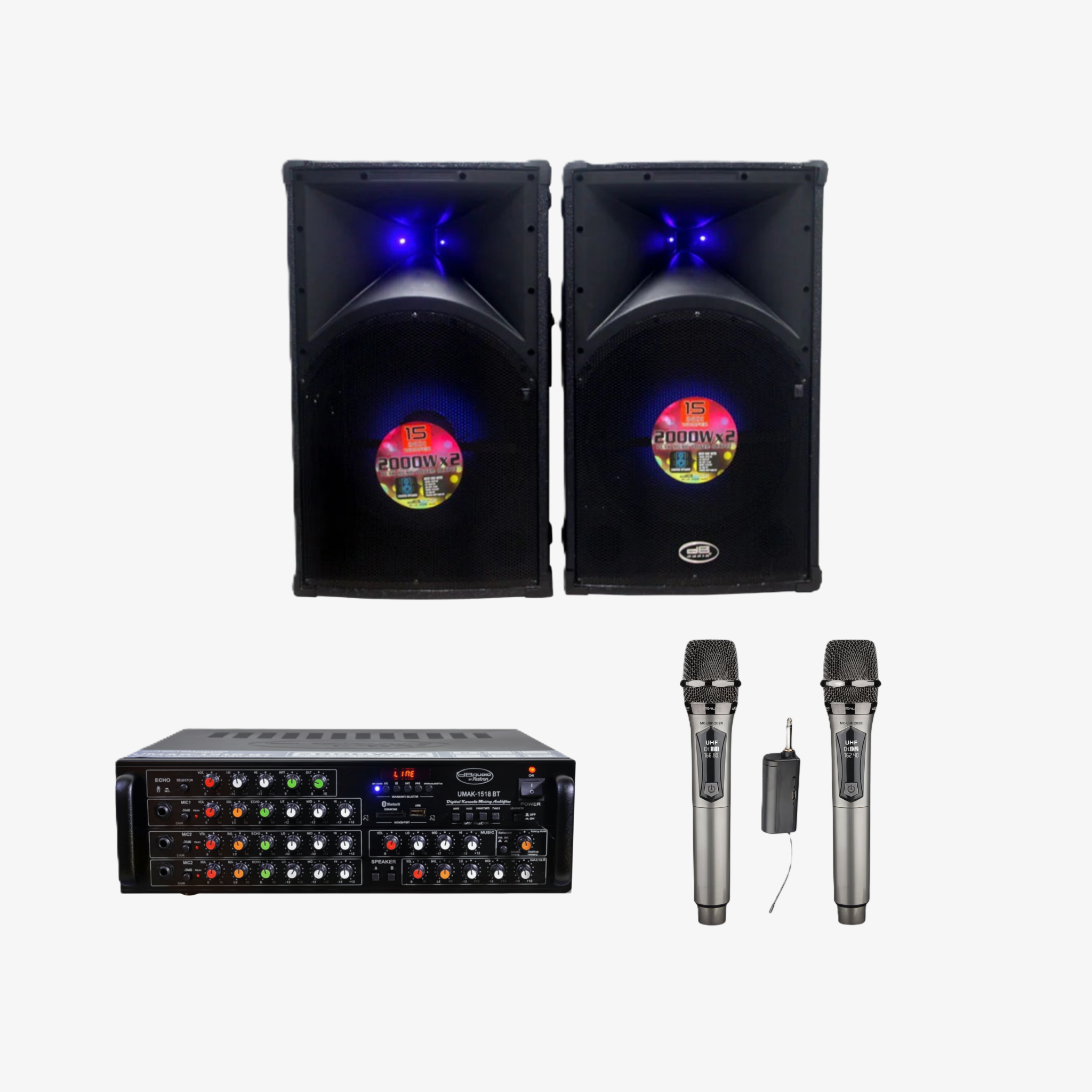 Bundle Promo : DB AUDIO AMPLIFIER BLUETOOTH            + SPEAKER 15-INCH  2000W X 2 LED LGHT + RECHARGEABLE WIRELESS MIC