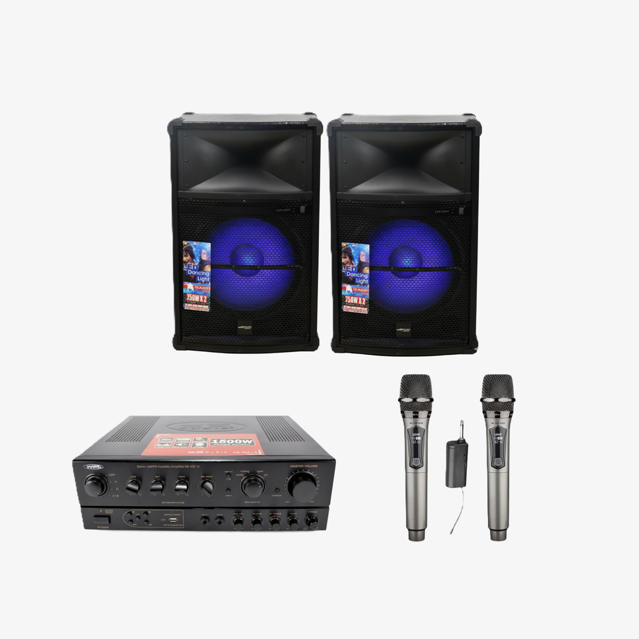 Bundle Promo : DB AUDIO AMPLIFIER AM/FM,USB,BT, 1500W  + SPEAKER PREMIUM 15-INCH 750WX2, LED + RECHARGEABLE WIRELESS MIC