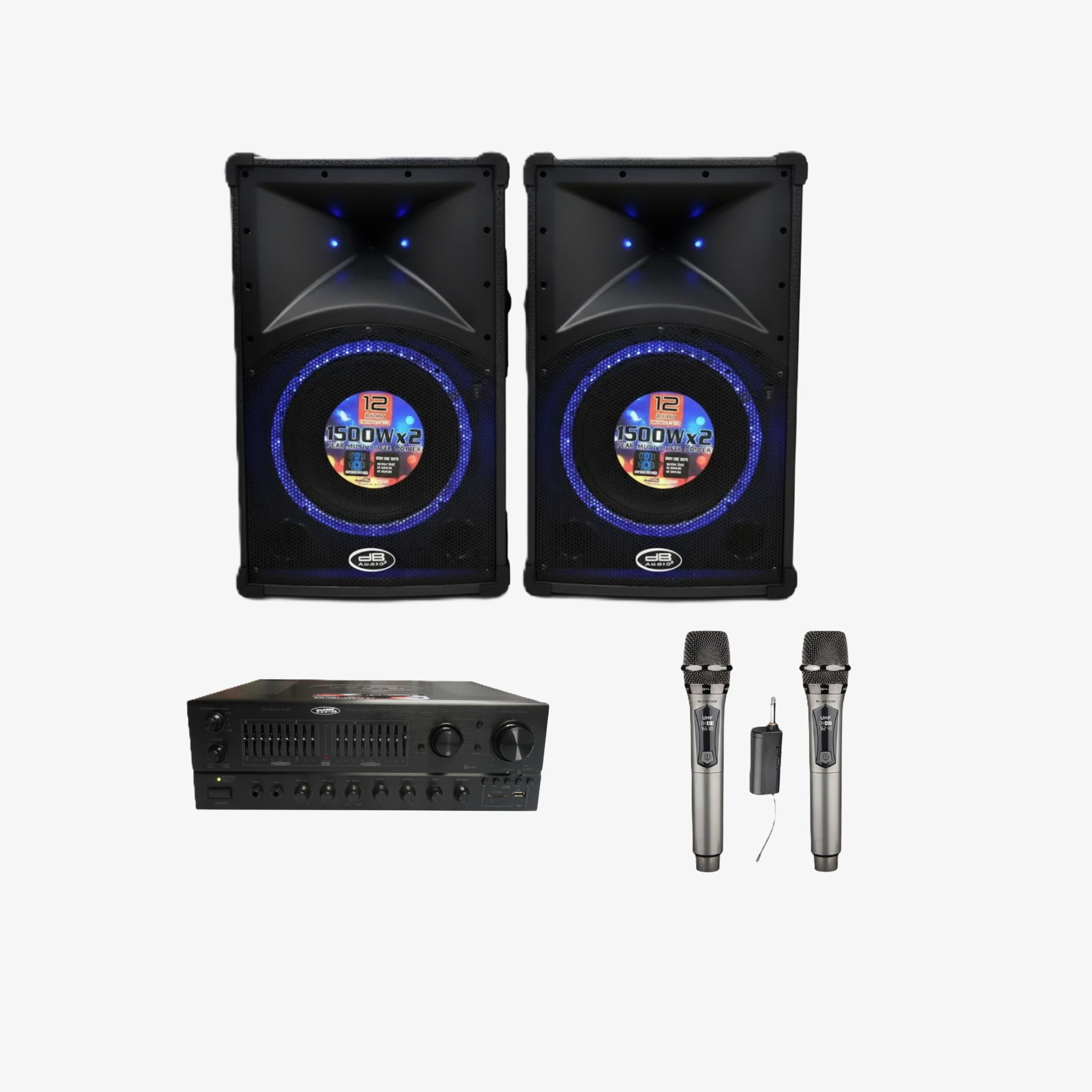 Bundle Promo : DB AUDIO AMPLIFIER 1200W,USB,EQLIZER,BT + SPEAKER 12-INCH  1500W X 2 LED LGHT + RECHARGEABLE WIRELESS MIC