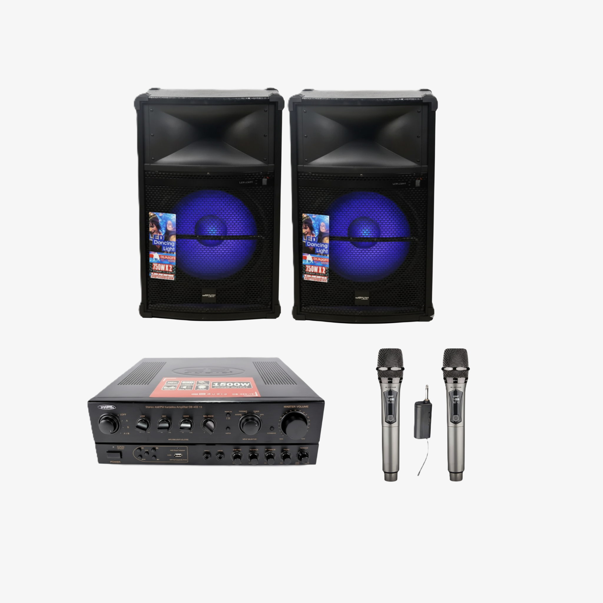Bundle Promo : DB AUDIO AMPLIFIER FM,BT 1000W          + SPEAKER PREMIUM 12-INCH 500W X2,LED + RECHARGEABLE WIRELESS MIC