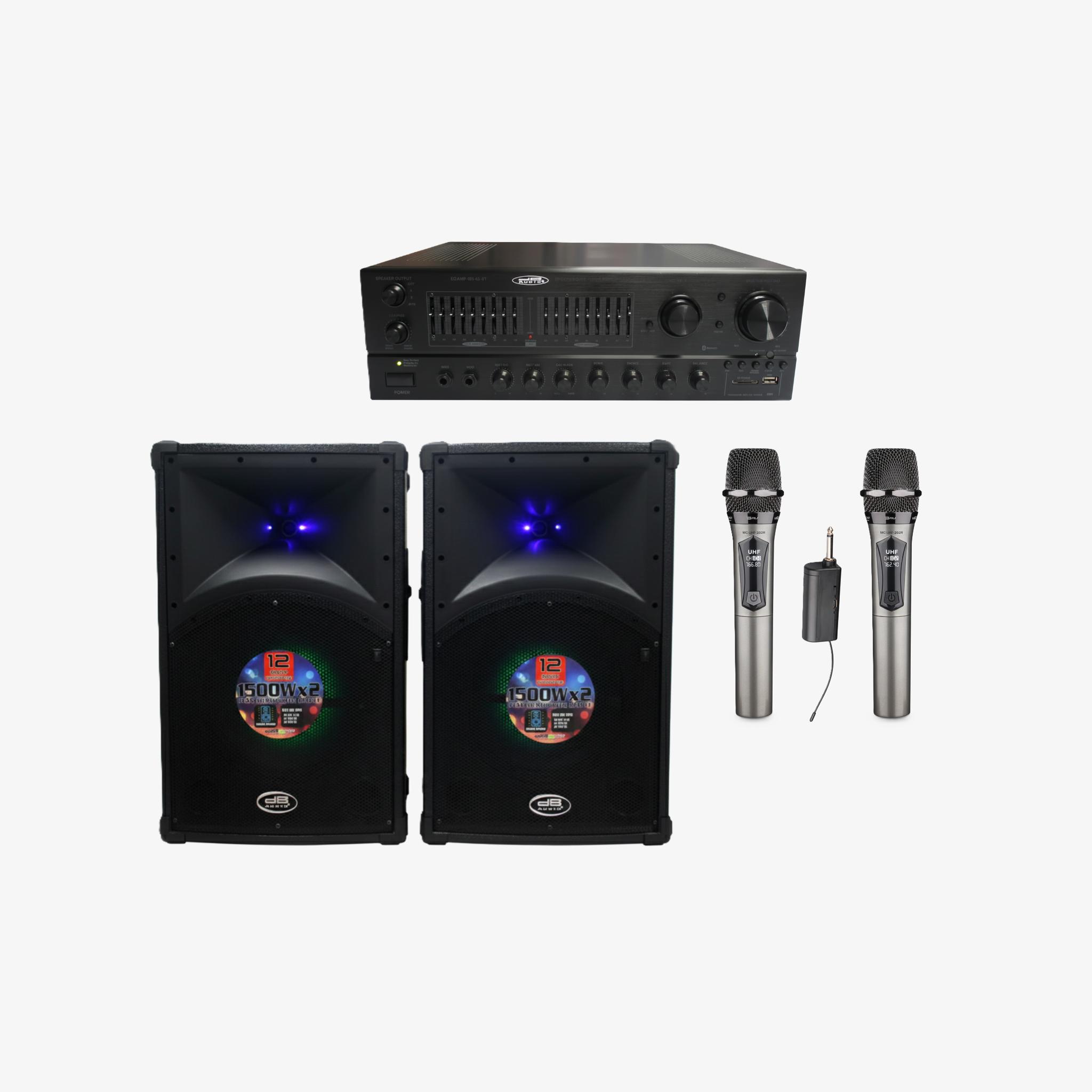 Bundle Promo: DB Audio Amplifier 1200W, USB, Equalizer, BT + Speaker 12-Inch 1500W x2 LED Light + Rechargeable Wireless Mic (MC-UHF-202R)