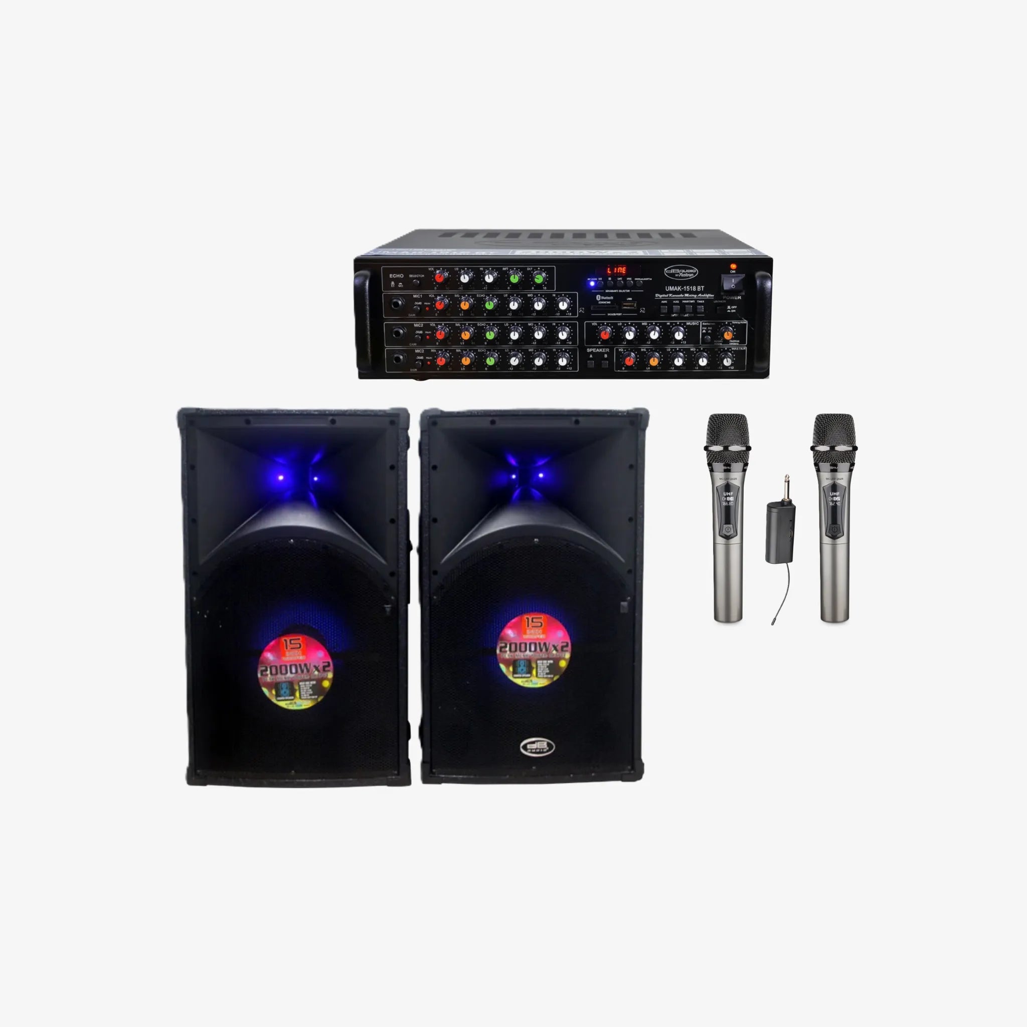 Bundle Promo: DB Audio Amplifier Bluetooth (UMAK-15-18-BT) + Speaker 15-Inch 2000W X 2 LED Light (Blue Edge 1533) + Rechargeable Wireless Mic (MC-UHF-202R)
